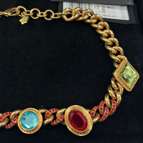 VERSACE MULTICOLOR 5 STONE CHARMS GOLD TONE CHAIN NECKLACE WOMEN BRAND NEW - Picture 4 of 5